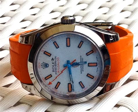 rolex milgauss with rubber strap|rolex milgauss rubber band.